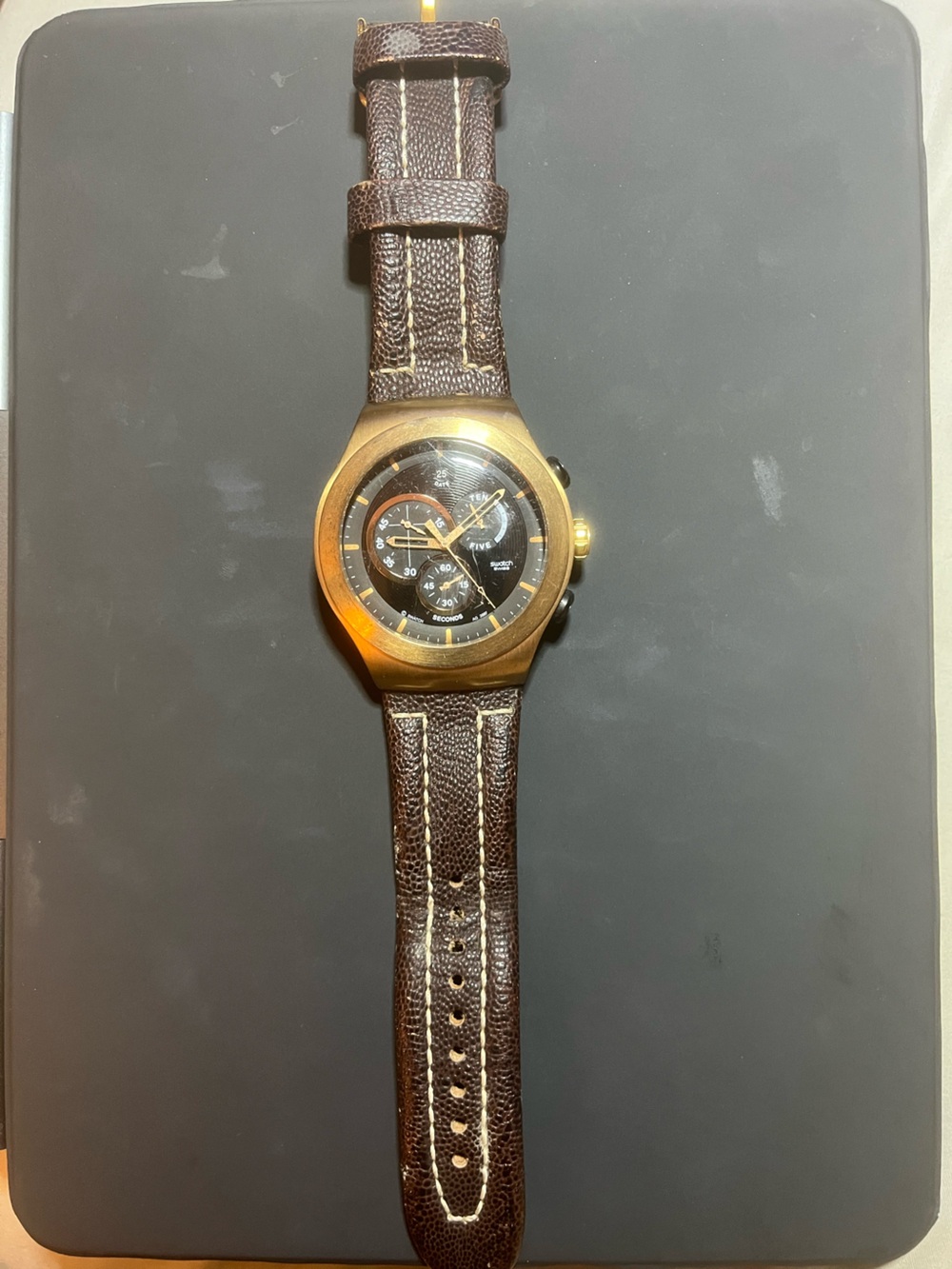 Swatch Gold-Tone Case Watch with Black Dial and Brown Strap V8  Four Jewels